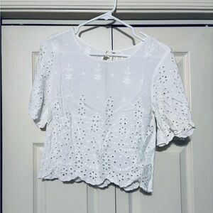 White Eyelet Crop Top Blouse with Flowy Sleeves